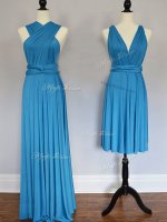 Fitting Halter Top Sleeveless Damas Dress Floor Length Ruching Baby Blue Chiffon