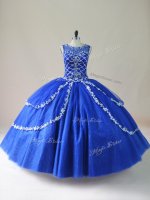 High Quality Royal Blue Zipper Quince Ball Gowns Beading Sleeveless Floor Length