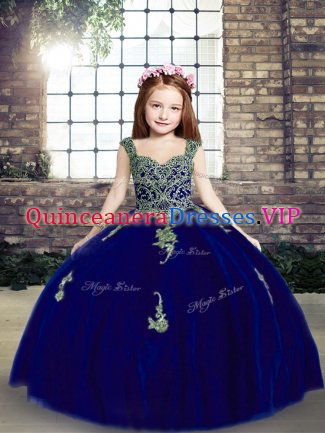 Inexpensive Royal Blue Ball Gowns Appliques Evening Gowns Lace Up Tulle Sleeveless Floor Length