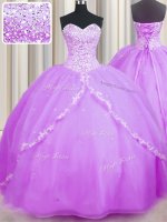 Brush Train Lilac Sleeveless With Train Beading and Appliques Lace Up 15th Birthday Dress