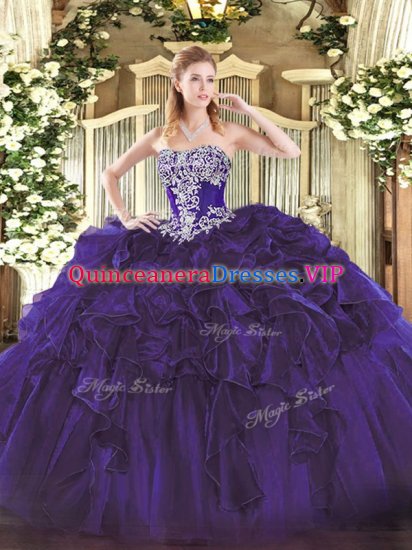 Fashion Purple Ball Gowns Beading and Ruffles Sweet 16 Dress Lace Up Organza Sleeveless Floor Length - Click Image to Close