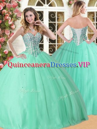 Sweetheart Sleeveless Quinceanera Gown Floor Length Beading Apple Green Tulle