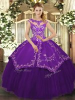 High End Purple Quinceanera Gowns Sweet 16 and Quinceanera with Beading and Embroidery Scoop Cap Sleeves Lace Up