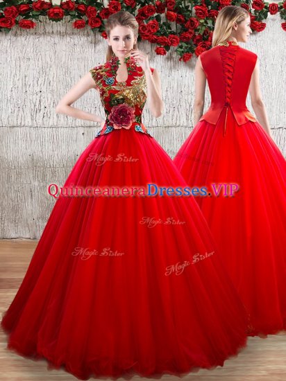 Fabulous Red High-neck Neckline Appliques Vestidos de Quinceanera Short Sleeves Lace Up - Click Image to Close