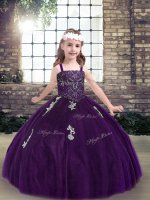 Trendy Purple Tulle Lace Up Straps Sleeveless Floor Length Pageant Dress for Teens Appliques