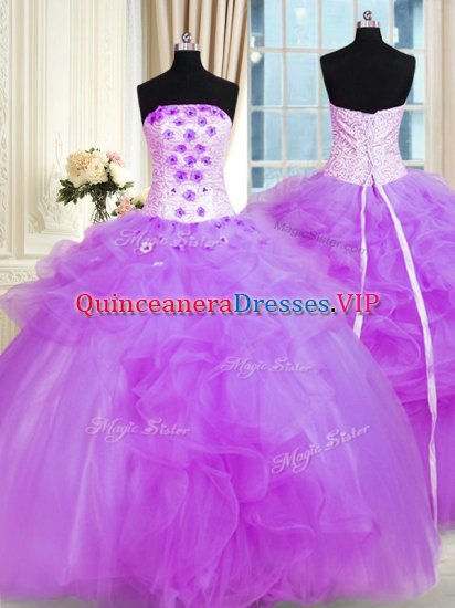 Dynamic Floor Length Lace Up Sweet 16 Dresses Purple for Military Ball and Sweet 16 and Quinceanera with Pick Ups and Hand Made Flower - Click Image to Close