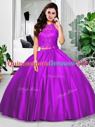 Halter Top Sleeveless Zipper Military Ball Gowns Eggplant Purple Taffeta