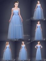 Fabulous Light Blue Lace Up Beading and Appliques and Ruching and Bowknot and Hand Made Flower Dama Dress Tulle Sleeveless