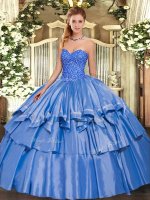 Sleeveless Organza and Taffeta Floor Length Lace Up Quinceanera Gown in Blue with Beading and Ruffled Layers