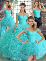 Adorable Beading Quinceanera Gowns Aqua Blue Lace Up Sleeveless Floor Length