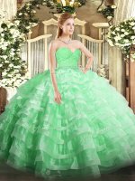 Sleeveless Tulle Floor Length Zipper Quinceanera Gowns in Apple Green with Beading and Lace and Ruffled Layers