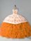 Most Popular Orange Organza Lace Up Halter Top Sleeveless Floor Length Ball Gown Prom Dress Court Train Embroidery and Ruffles