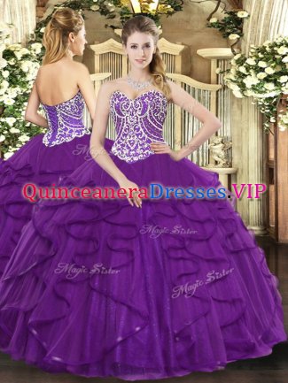 Purple Ball Gowns Tulle Sweetheart Sleeveless Beading and Ruffles Floor Length Lace Up Sweet 16 Quinceanera Dress