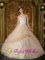 Castello de la Plana Spain Hand Made Flower and Appliques Decorate Strapless Bodice Champagne Ball Gown Quinceanera Dress For