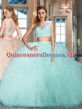 Appliques and Ruffles Quinceanera Gowns Aqua Blue Zipper Cap Sleeves Floor Length