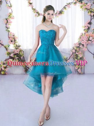 Lace Dama Dress for Quinceanera Teal Lace Up Sleeveless High Low