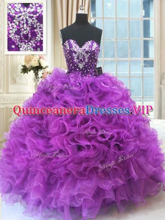 Custom Made Beading and Ruffles 15th Birthday Dress Eggplant Purple Lace Up Sleeveless Floor Length