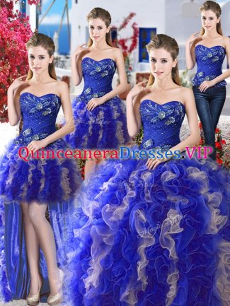 Custom Design Four Piece Blue Ball Gowns Beading Quinceanera Dress Lace Up Organza Sleeveless Floor Length