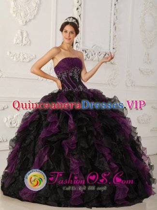 Pudasjarvi Finland Brand New Purple and Black Quinceanera Dress With Beaded Decorate and Ruffles Floor Length