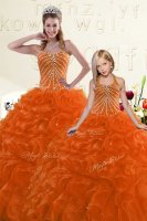 Orange Ball Gowns Organza Sweetheart Sleeveless Beading and Ruffles Floor Length Lace Up 15th Birthday Dress