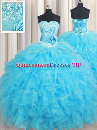 Baby Blue Sleeveless Floor Length Beading and Ruffles and Hand Made Flower Lace Up Quinceanera Dress - Click Image to Close