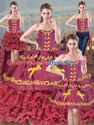 Embroidery and Ruffles Quinceanera Dress Burgundy Lace Up Sleeveless Brush Train