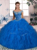 Sophisticated Sleeveless Beading and Ruffles Lace Up Ball Gown Prom Dress with Blue