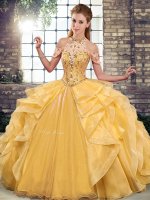 Gold Halter Top Lace Up Beading and Ruffles Quinceanera Dresses Sleeveless(SKU SJQDDT2111002-1BIZ)