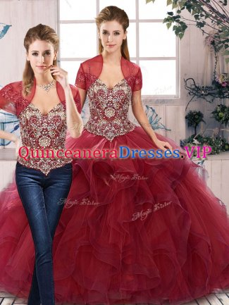 Glorious Off The Shoulder Sleeveless 15 Quinceanera Dress Floor Length Beading and Ruffles Burgundy Tulle