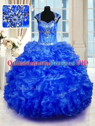 Beauteous Royal Blue Lace Up Straps Beading and Ruffles Quinceanera Gown Organza Cap Sleeves