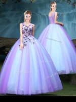 Unique Tulle Sleeveless Floor Length Ball Gown Prom Dress and Appliques