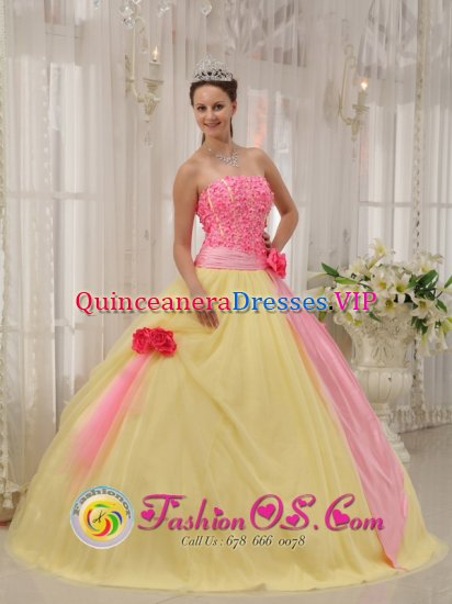 Iserlohn Germany Light Yellow and Baby Pink Hand Made Flowers Sweet Quinceanera Dress For Graduation - Click Image to Close