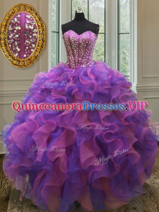 Sweetheart Sleeveless Quinceanera Gowns Floor Length Beading and Ruffles Multi-color Organza