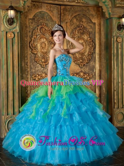 Pasajes Spain Strapless Colorful Appliques Ruffles Layerd For Quinceanera Dress Ball Gown Customize - Click Image to Close