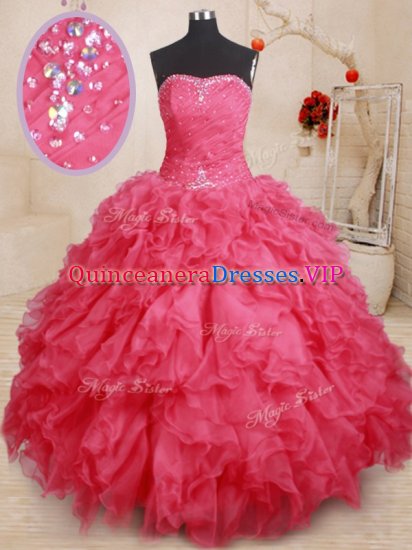 Coral Red Sweetheart Neckline Beading and Ruffles Quinceanera Dress Sleeveless Lace Up - Click Image to Close