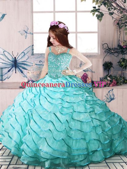 Aqua Blue Ball Gowns Beading and Ruffled Layers Little Girl Pageant Gowns Lace Up Organza Sleeveless Floor Length - Click Image to Close