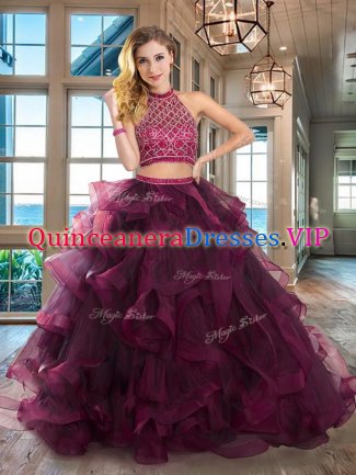 Customized Brush Train Two Pieces Quinceanera Gowns Dark Purple Halter Top Tulle Sleeveless Backless