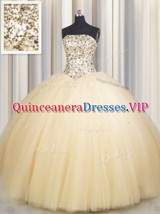 Sequins Really Puffy Gold Sleeveless Tulle Lace Up Sweet 16 Quinceanera Dress for Military Ball and Sweet 16 and Quinceanera