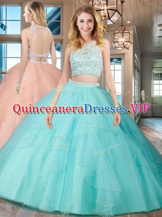 High Quality Scoop Aqua Blue Tulle Backless Sweet 16 Dress Sleeveless Floor Length Beading and Ruffles