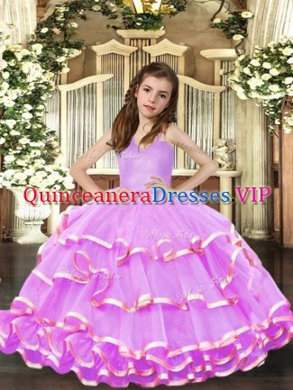 Sleeveless Organza Floor Length Lace Up Little Girls Pageant Gowns in Lavender with Ruffled Layers