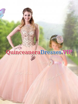 Top Selling Scoop Sleeveless Lace Up Sweet 16 Dresses Peach Tulle