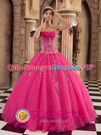 Woodley Berkshire Hot Pink Organza Ball Gown Quinceanera Dress With Beaded Decorate