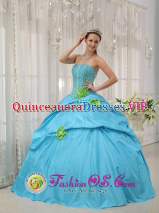 Ketchikan Alaska/AK Baby Blue Beaded Decorate Bust and green Hand Flowers Quinceanera Dress With Strapless Pick-ups