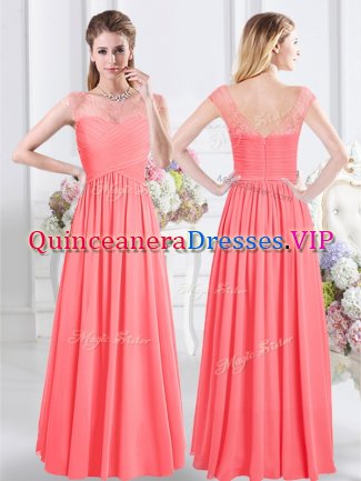 Scoop Watermelon Red Cap Sleeves Floor Length Lace and Ruching Zipper Dama Dress for Quinceanera