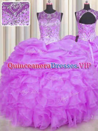 See Through Scoop Sleeveless Backless Ball Gown Prom Dress Lilac Organza