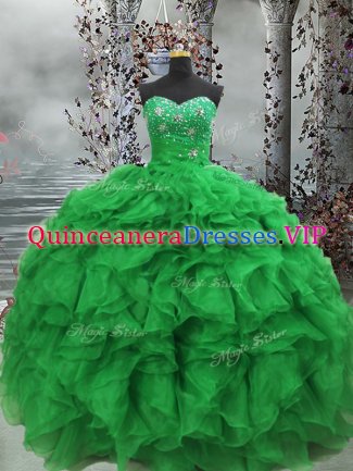 Green Sleeveless Floor Length Beading and Ruffles Lace Up Quinceanera Dress