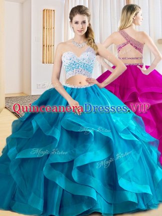 Sumptuous Baby Blue 15th Birthday Dress Military Ball and Sweet 16 and Quinceanera with Beading and Ruffles One Shoulder Sleeveless Criss Cross