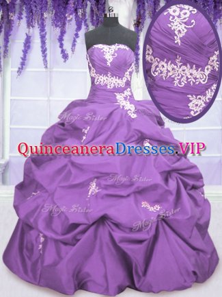 Lavender Lace Up Strapless Appliques and Pick Ups Quince Ball Gowns Taffeta Sleeveless