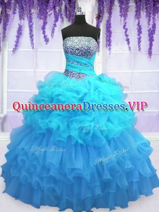 Fantastic Beading and Ruffled Layers and Pick Ups 15th Birthday Dress Aqua Blue Lace Up Sleeveless Floor Length