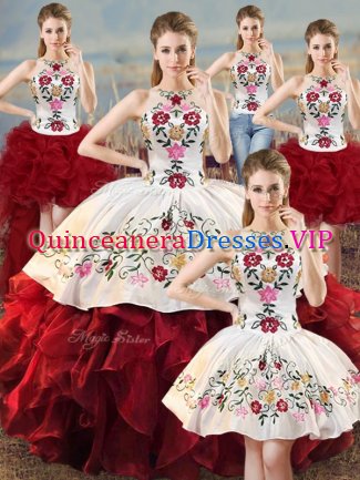 Admirable White And Red Sleeveless Floor Length Embroidery and Ruffles Lace Up Vestidos de Quinceanera